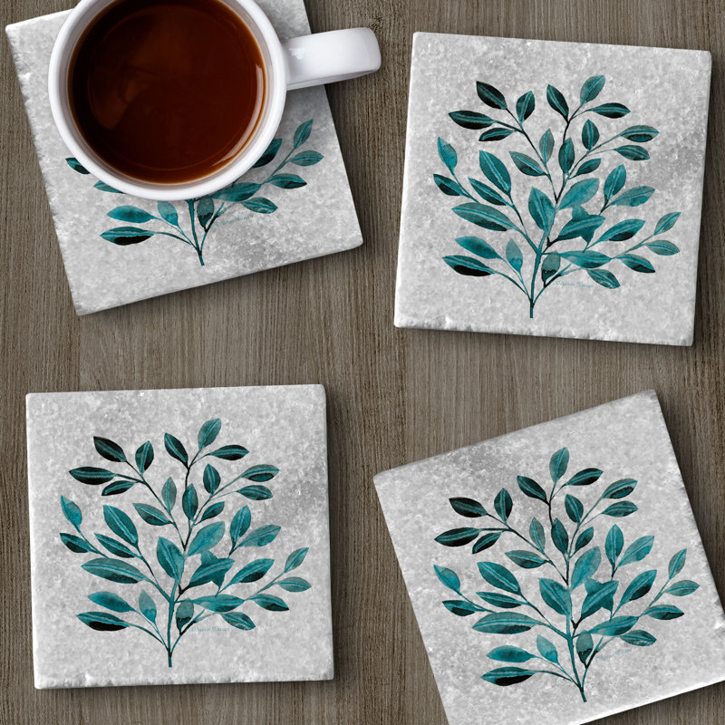 Paquet de 4 sous-verres en marbre naturel à feuilles sarcelle avec support en liège