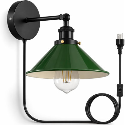 Industrial Vintage Plug-In Wall Sconce, Adjustable Head Metal Cone Shade with On/Off Switch, E26 Reading Lamp