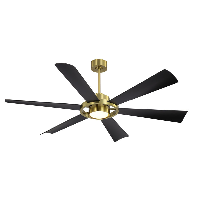 6 ABS Plastic Blades Indoor Led Ceiling Fan With Remote 3 Down-rods 6-Speed Reversible DC Motor, Black and Gold, Black, Gold
