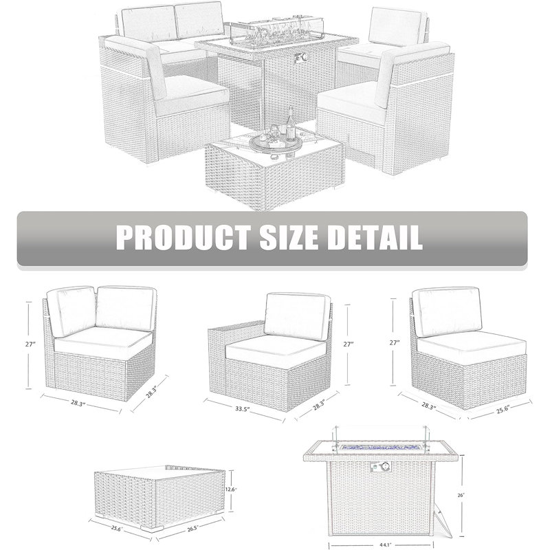  7 Pieces Outdoor Patio Furniture Set with 44" Fire Pit Table Rattan Sectional Sofa Conversation Sets, Beige, Brown