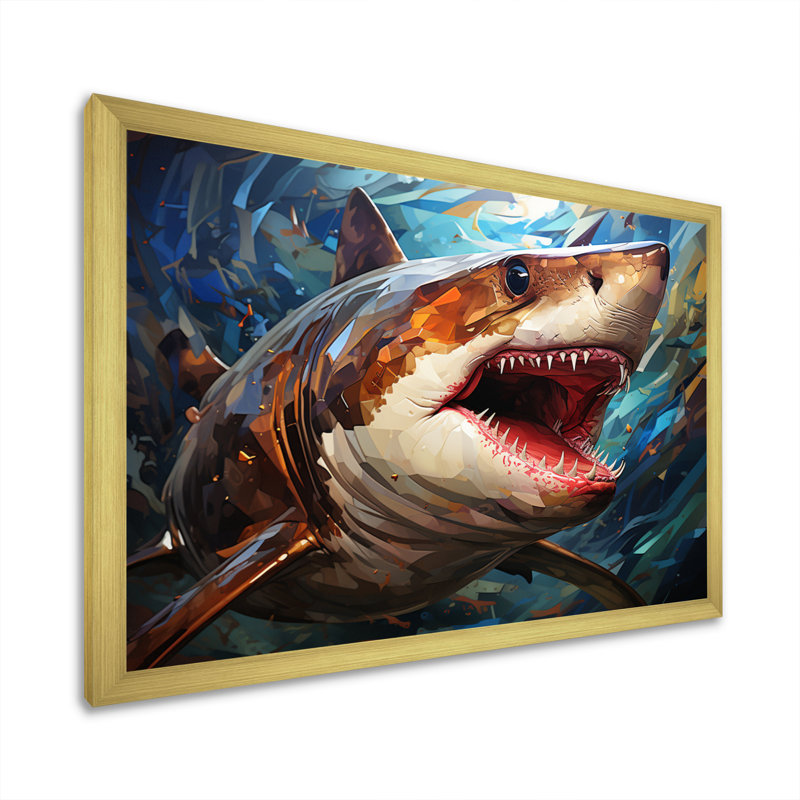" Blue Shark Predators Glare Geometric II ", Gold Single Picture Framed, 12" H x 20" W x 1" D