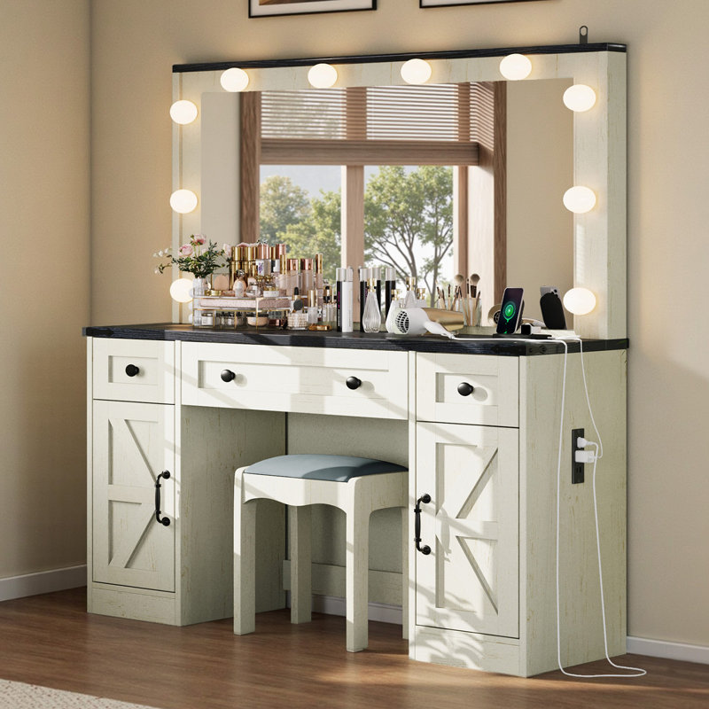 Cioeta 43" Farmhouse Makeup Vanity with Hollywood 3 colors Adjustable Mirror&Built-in Outlets, White