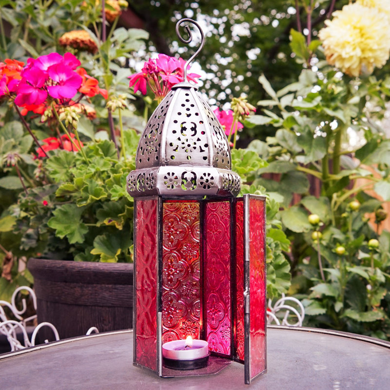 Grande lanterne hexagonale en verre, Rouge / rose