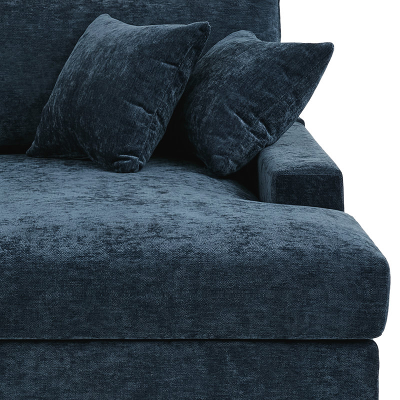 Canapé-lit surdimensionné en chenille bleue avec accoudoirs et coussins décoratifs, Chenille bleu