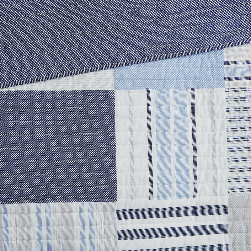 DESIGN STUDIO Lido Patch Blue/Grey All-Season Reversible Cotton Quilt Set , King Quilt + 2 King Shams