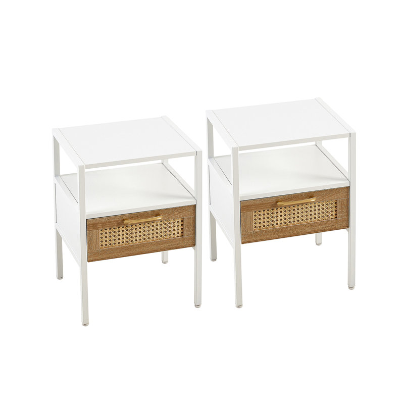Set Of 2, 15.75" Rattan End Table With  Drawer, Modern Nightstand, Metal Legs,Side Table, White