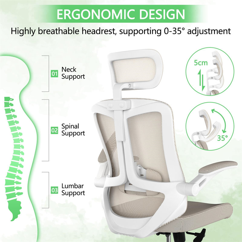 Oladele Home Ergonomic Office Chair With Adjustable Headrest & Lumbar Support, Swivel High Back Computer Chair, Breathable Mesh Desk Chair, PU Silent Wheels, Flip-Up Arms