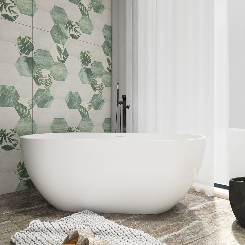 59-Inch Matte White Solid Surface Freestanding Soaking Bathtub