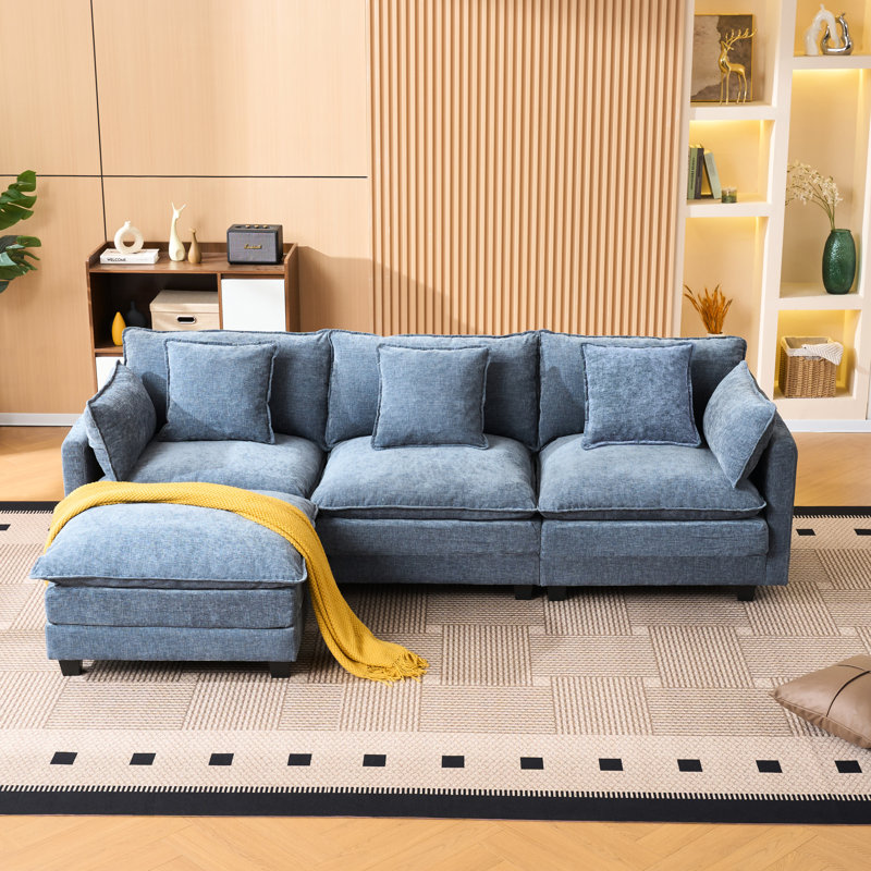 Canapé rembourré en L bleu à 3 places avec salon et chambre à coucher, chenille, banc facile à assembler, processus d'assemblage simple