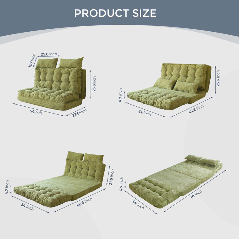 Corduroy Bean Bag Chair Tufted Folding Sofa Bed with Pillows, 4.7" H x 54" W x 91" D, Green Corduroy