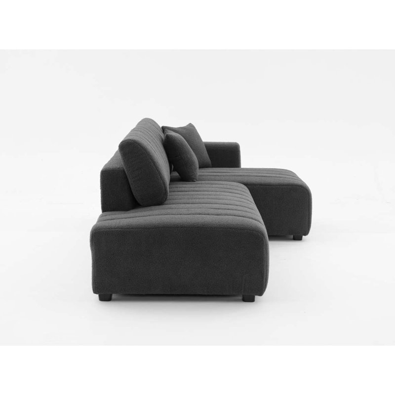Canapé d'angle capitonné en forme de L scandinave d'inspiration moelleuse avec coussins décoratifs, Gris foncé