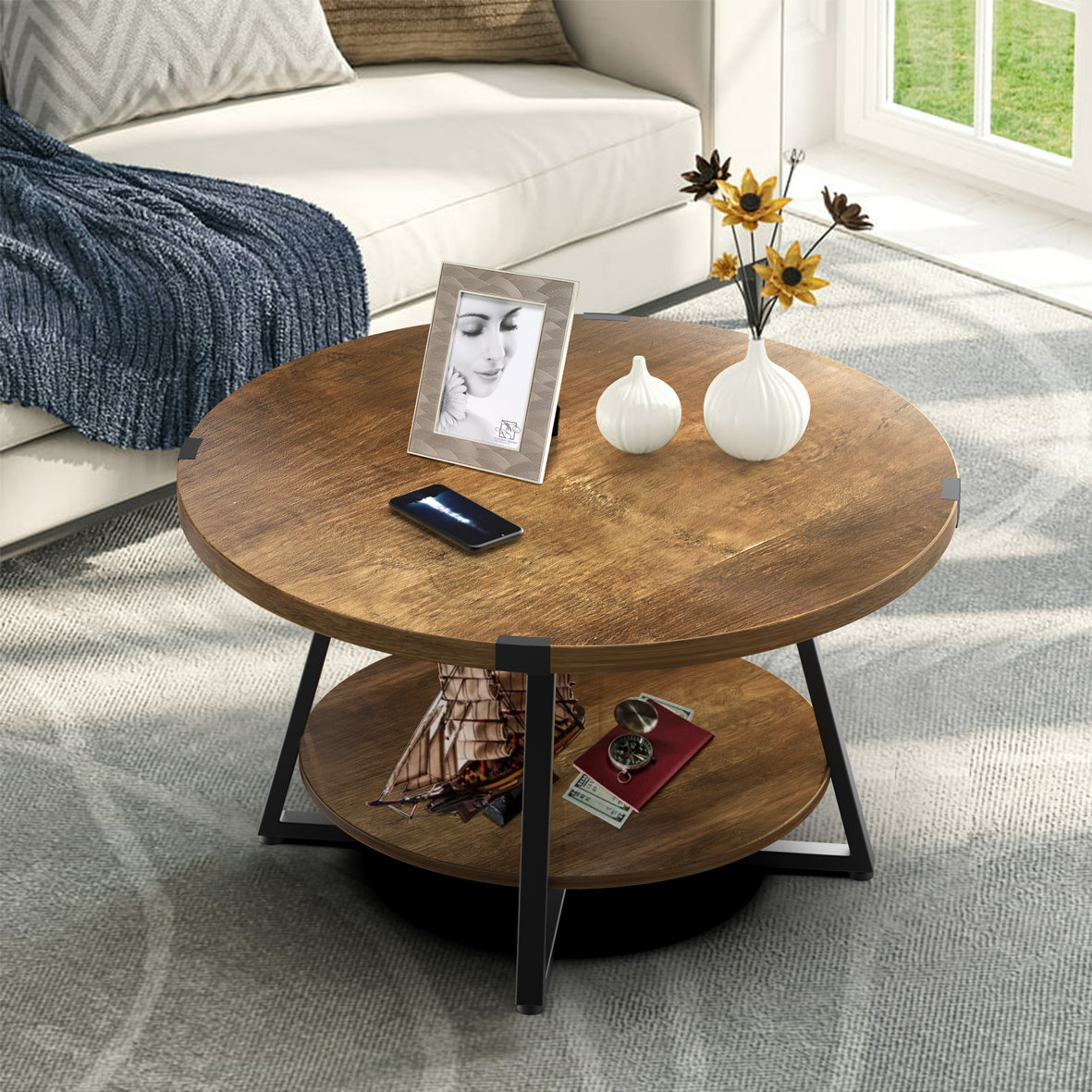 17 Stories Jahaira Round Coffee Table with 2-Tier Storage Shelves ...