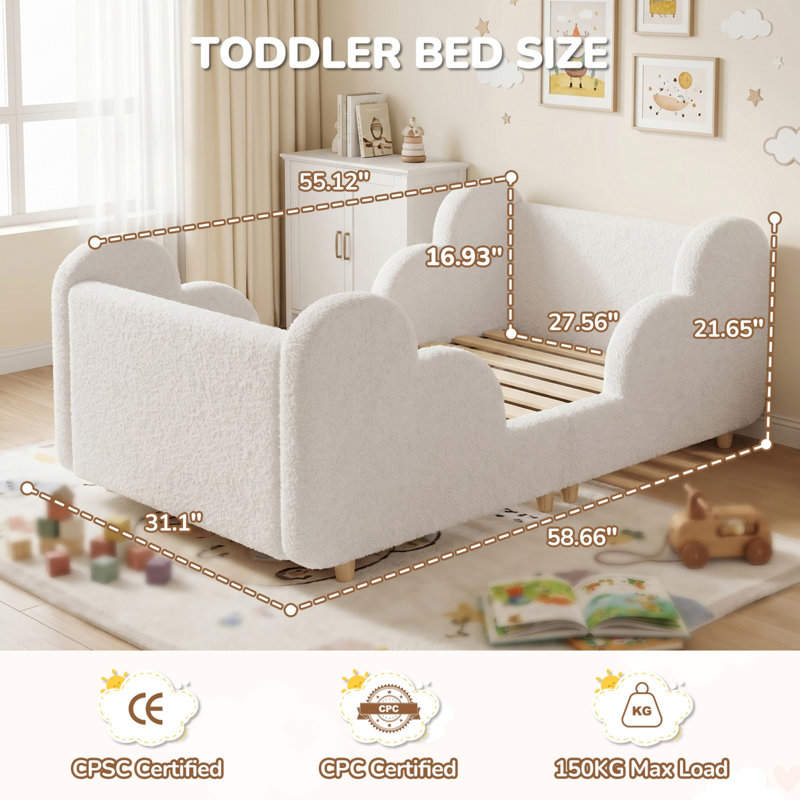 Toddler Cloud‑Shaped Upholstered Bed Frame, Child‑Safe Rounded Edges, Easy Assembly, Kids Bedroom Furniture, White