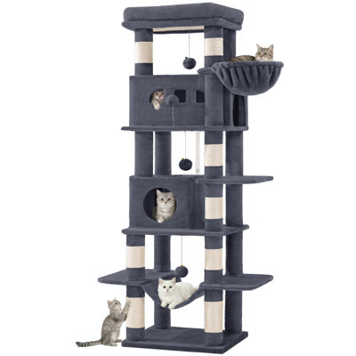 Cat Tree for Indoor Cats, Large Tall Cat Tower, Multi-Level Cats House with Condo, 8 Scratching Posts, Hammock, 4 Pom Poms