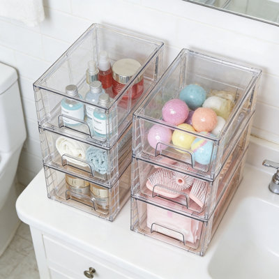 6 Pack Stackable Storage Drawers, Clear Acrylic Drawer Organizers With Handles, Containers For Fridge Bathroom Undersink Cabinet Pantry