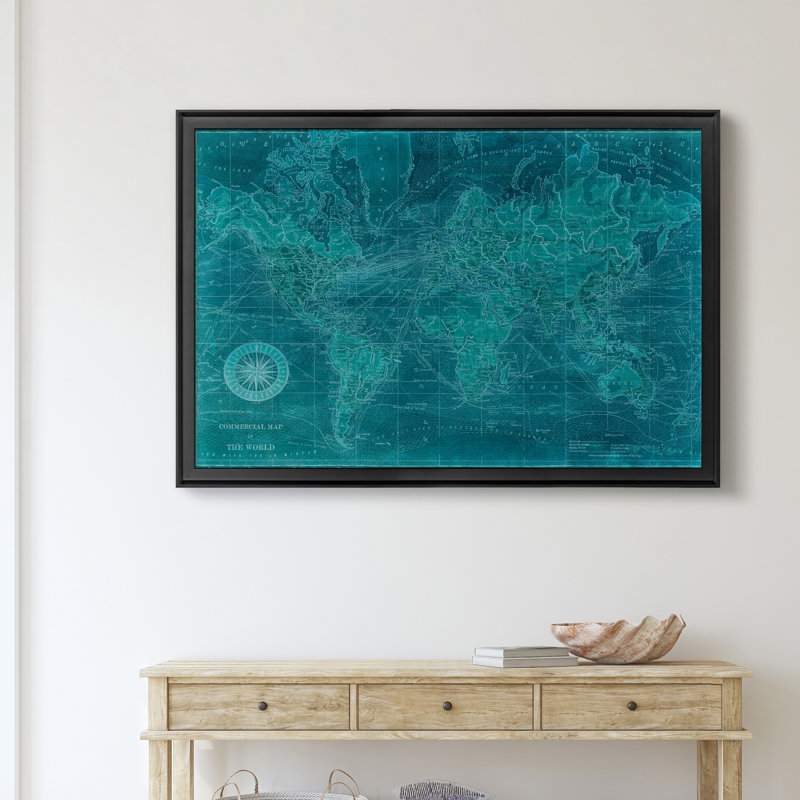 Carte du monde Azur-impression d’art graphique sur toile encadrée, H 22,5 po x l 30,5 po x P 1,5 po, Cadre noir