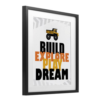 Build Explore Play Dream Framed Print Under Glass, design by Kim Allen