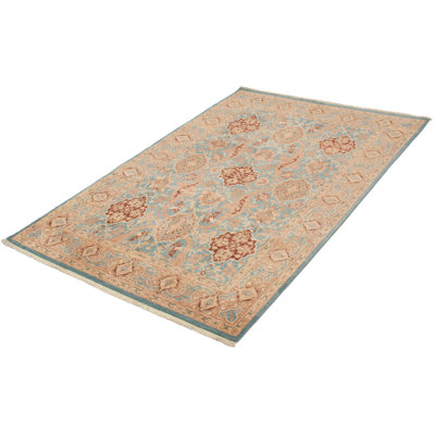 Tapis de la surface en laine bleu/beige 6 pi x 9 pi, à la main one-of-kind noué la peshawar Yaak