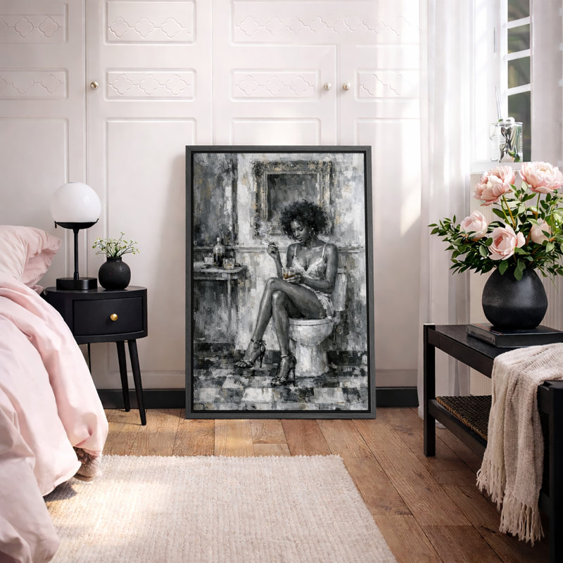«Black and White Woman with Drink», œuvre d'art moderne de portrait, images de chambre à coucher, impression sur toile encadrée