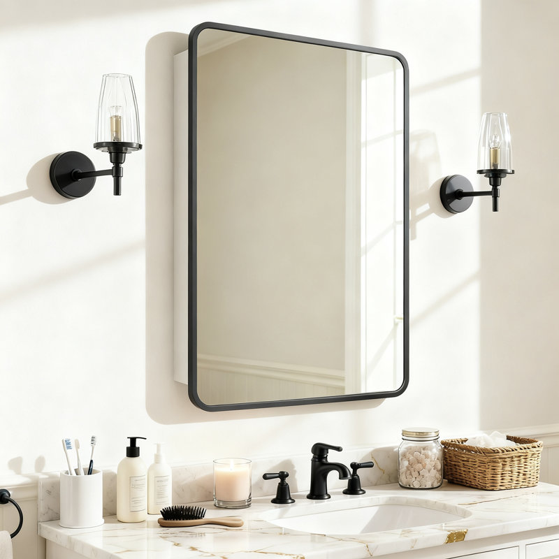 Armoire à pharmacie en aluminium avec miroir, H 36 po x l 24 po x P 3,8 po, Noir