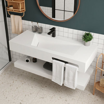 48" Wall-Mounted Floating Bathroom Vanity with V-Shaped Stone Resin Sink, Open Shelf and P-Trap