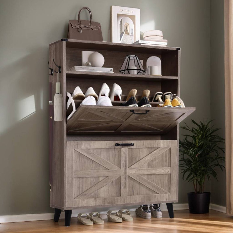 30 Pair Shoe Storage Cabinet With 2 Flip Drawers And Open Shelf, Gray Wood