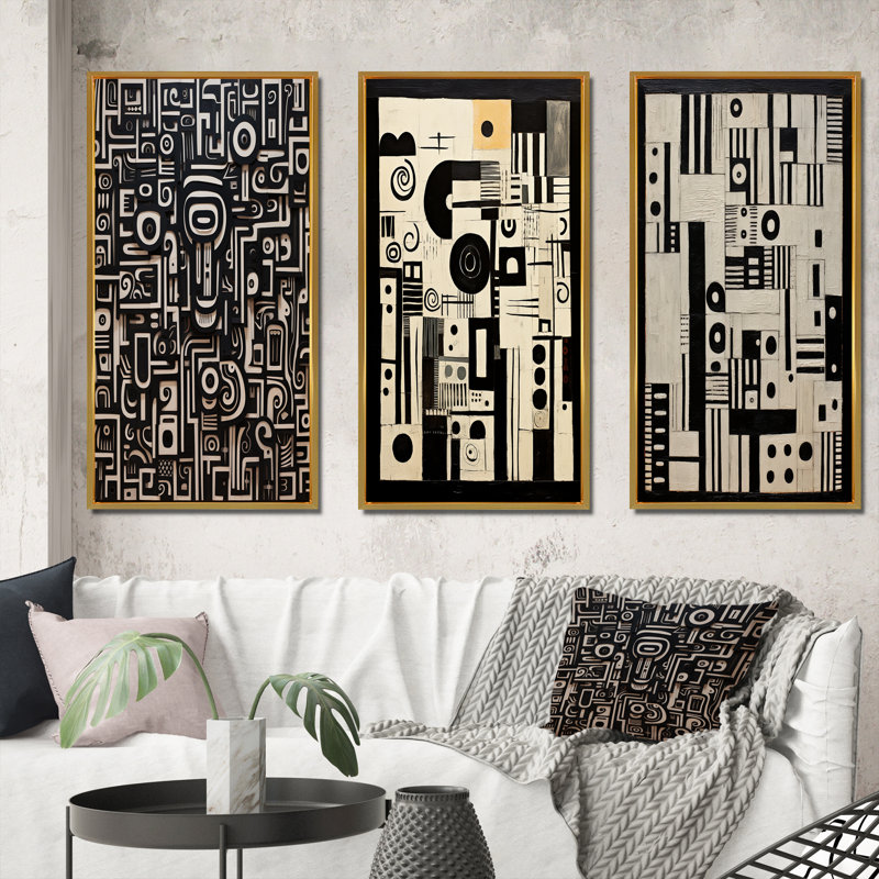 "Lithographie urbaine et sagesse noire II", 3 pièces sur toile, Cadre flottant doré, H 32 po x l 48 po