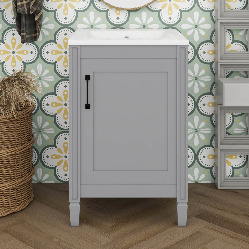 Meuble-lavabo de 20 po avec lavabo en céramique, tablette ajustable en U, support de porte, meuble-lavabo étroit, Gris