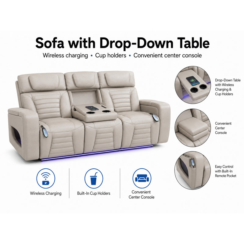 Ensemble de canapé et causeuse inclinable électrique 2 pièces avec massage, chauffage, recharge sans fil, haut-parleurs, éclairage à DEL Beige