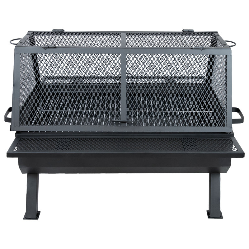 Black Steel Outdoor Fire Pit with Grill and Spark Screen