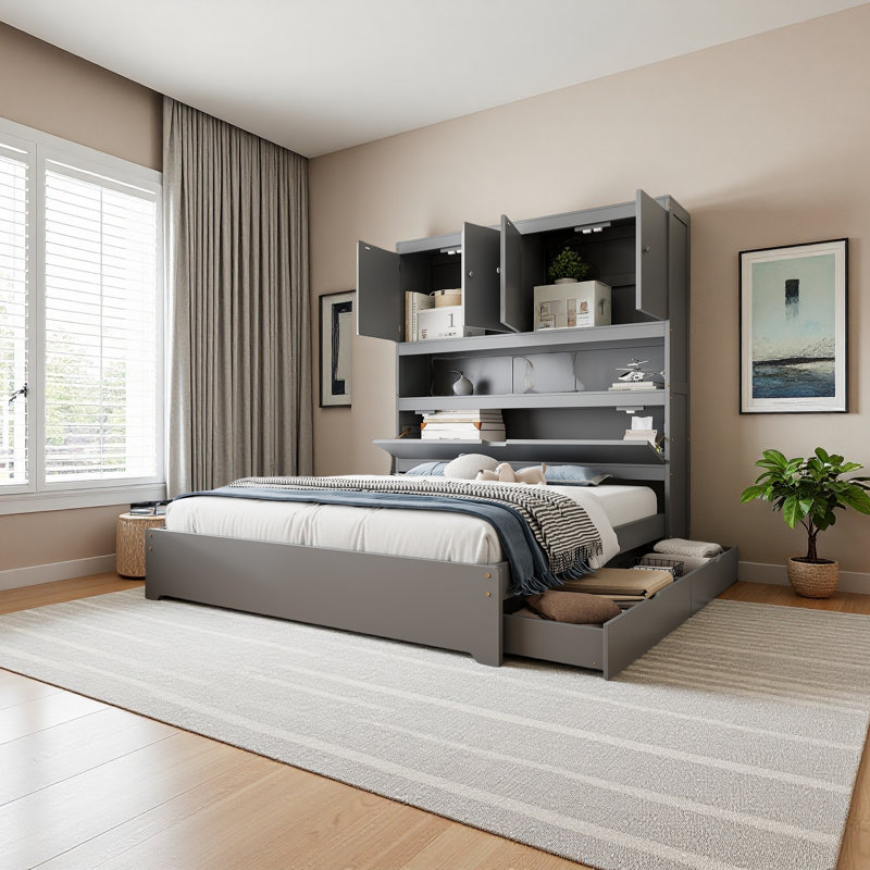 Lit plateforme en bois avec port USB, tête de lit et tiroirs de rangement, Gris