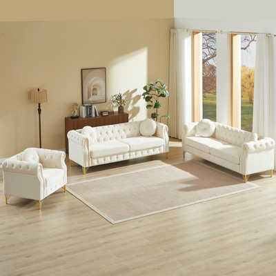 Velvet Chesterfield Three-seater Sofa and Loveseat Living Room Sofa Set