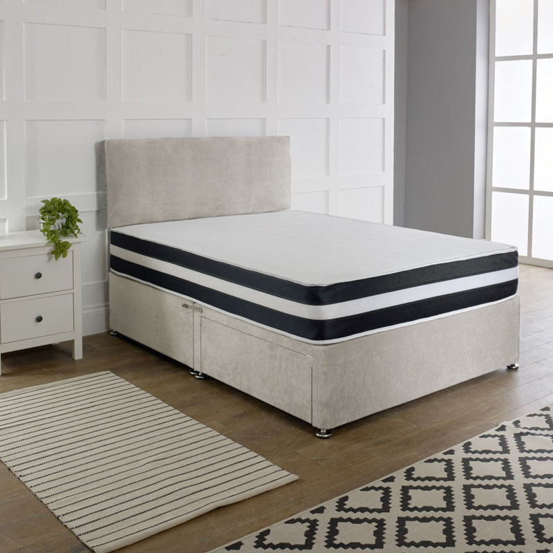 Navreen Divan Bed Set With 20" Plain Headboard, Kingsize (5'), 2 Drawers, Cream