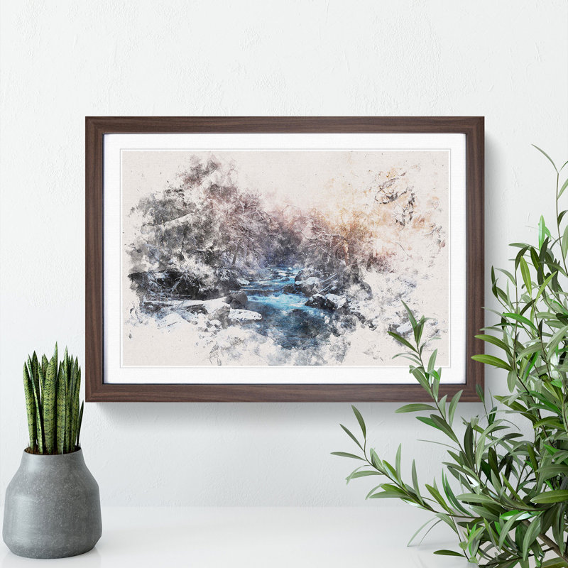 Winter Forest & Stream In Canada Watercolour - Framed Print, Walnut, 35cm H x 50cm W x 2cm D
