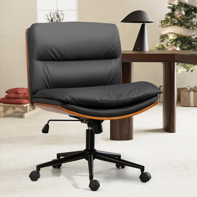 Wide PU Leather Armless Office Desk Chair with Wheels, Cross Legged Office Task Chair Conference Chair