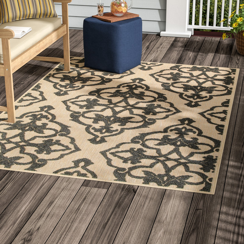 Hargraves Floral Sand/Charcoal Gray Indoor/Outdoor Area Rug, Rectangle 6'7" x 9'6"