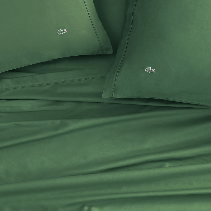 Lacoste 100% Cotton Percale 4-Piece Sheet Set, Cooling Breathable Bed Sheets, Crisp Matte Finish, OEKO-TEX Certified, Deep Pocket, Green, Queen