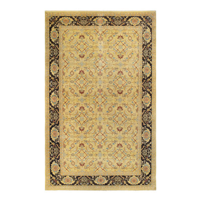 Tapis unique noué à la main à motif éclectique Janihya - jaune / noir, 10 pi 2 po x 15 pi 10 po