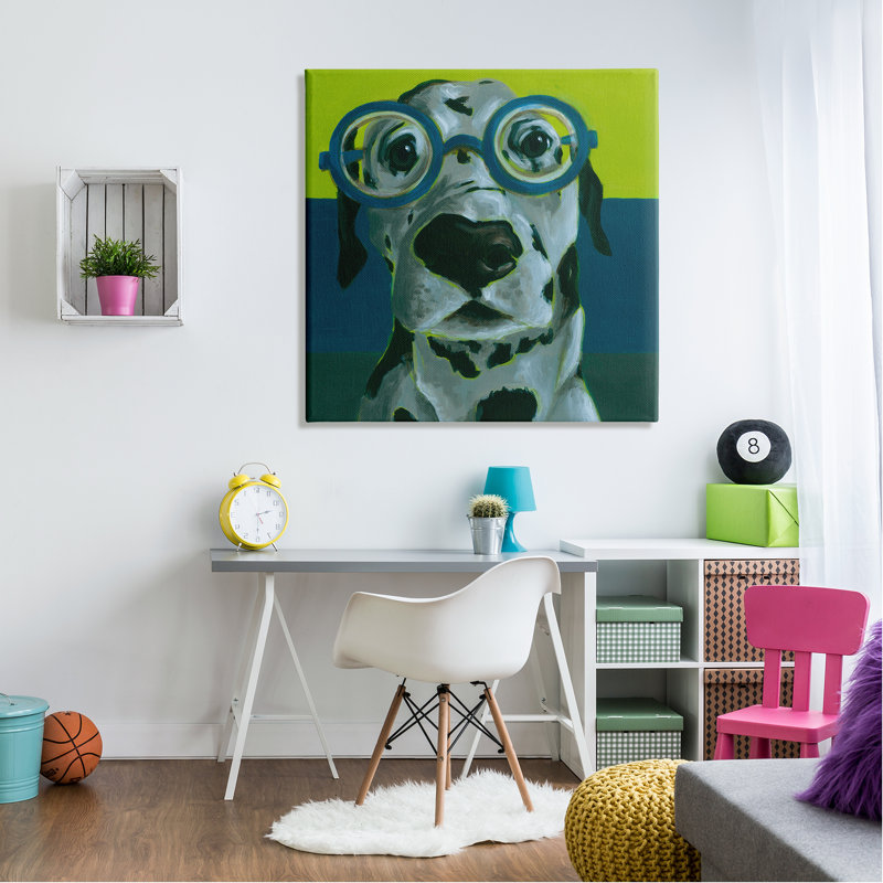 «Au-585», toile «Drôle de chien Dalmatien, lunettes sur toile» par Jennifer Rutledge, peinture, H 36 po x l 36 po x P 1,5 po