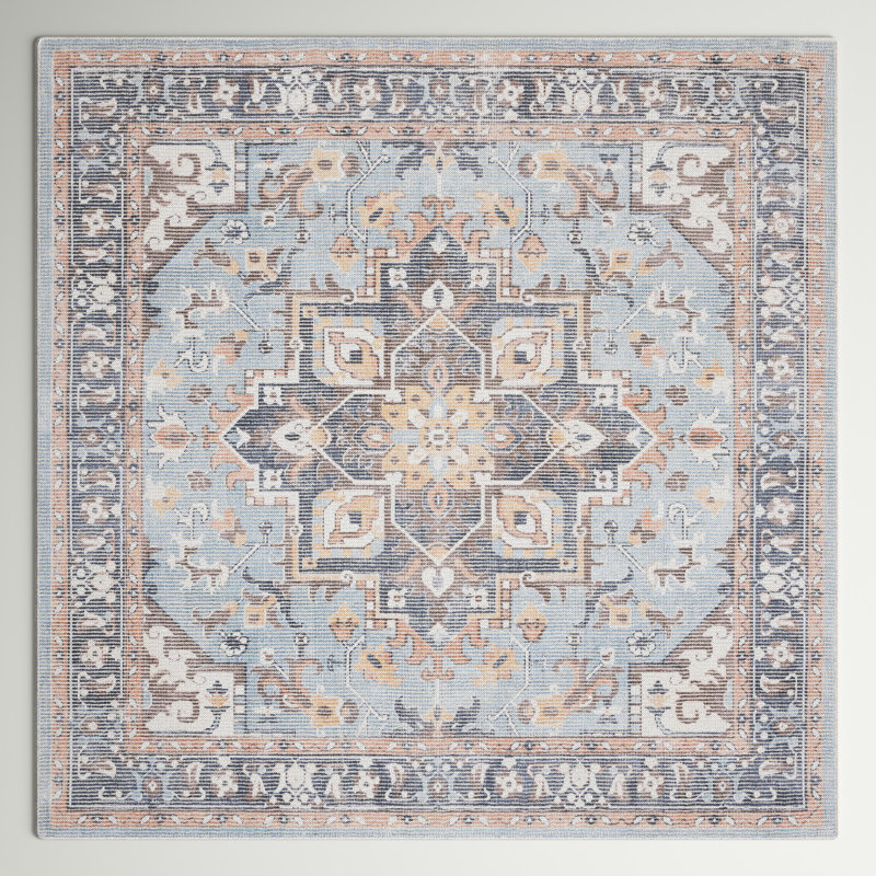 Tapis ivoire / bleu clair tissé à la main Anguilla, Carré de 6 pi