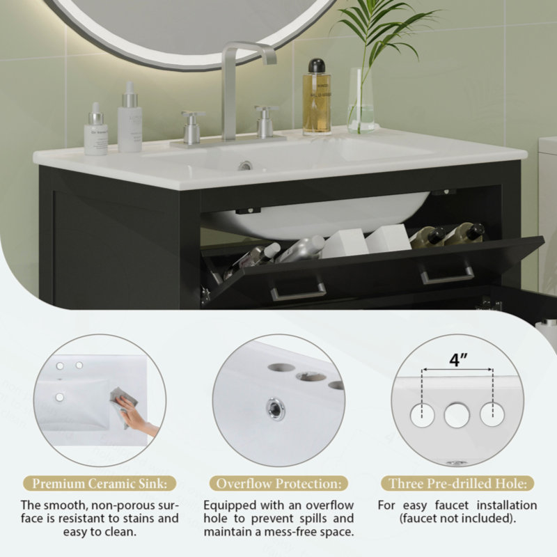 Meuble-lavabo de 30 po avec lavabo en céramique, armoire de salle de bain simple moderne avec 2 portes et une tablette, portes à fermeture douce