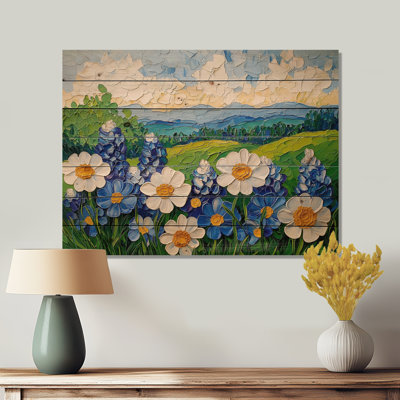 Texas Bluebonnet Field II - Modern Landscape Wood Wall Art On Natural Pine Wood