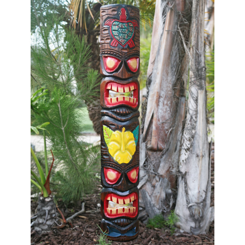 Hand-Carved Tropical Tiki Mask with Turtle and Hibiscus Flower