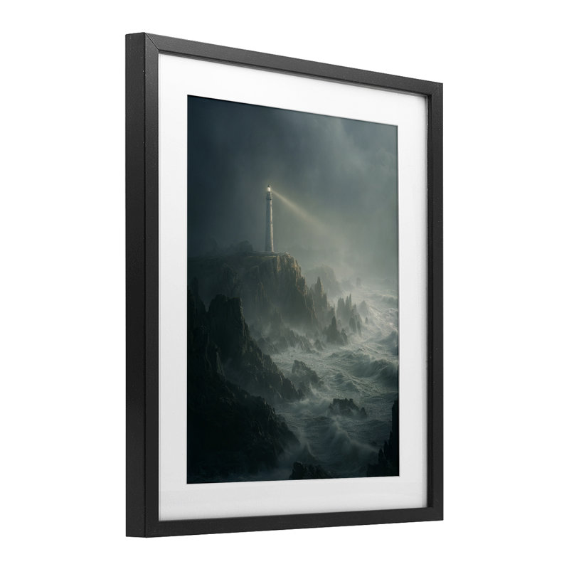 Phare et falaise orageuse, reproduction encadrée sous verre, conception de Ziwei Li, Cadre noir minuit, H 16 po x l 13 po