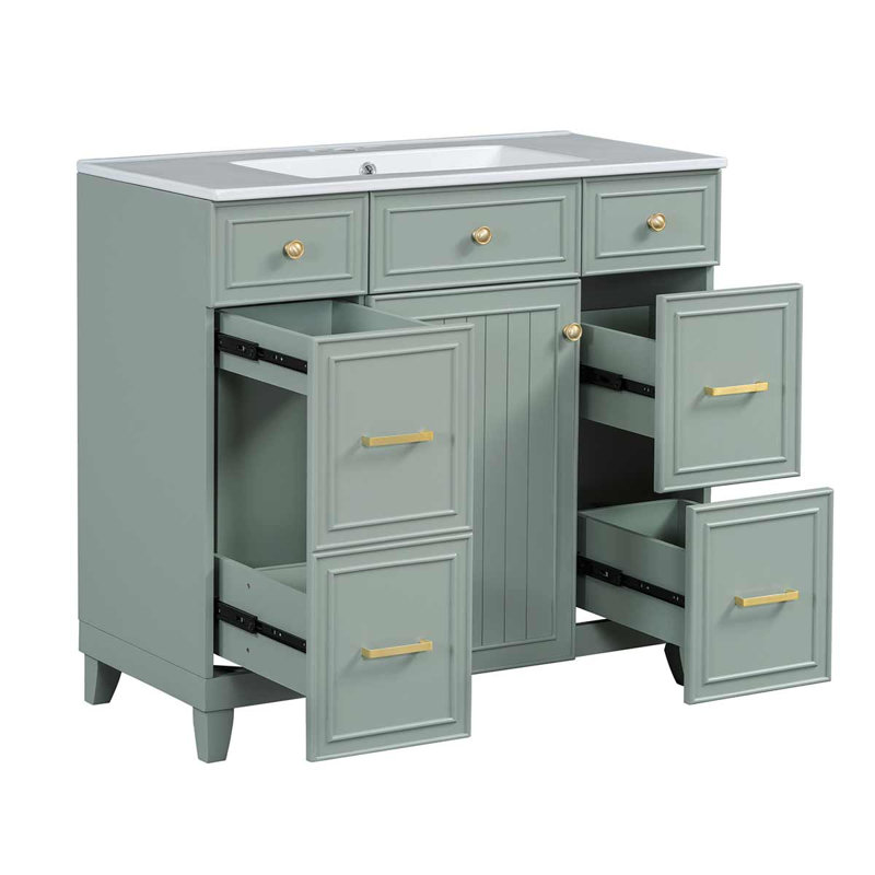 36'' Free-Standing Bathroom Vanity With Ceramic Sink, Cabinet With One Doors And 3 Drawers, Green