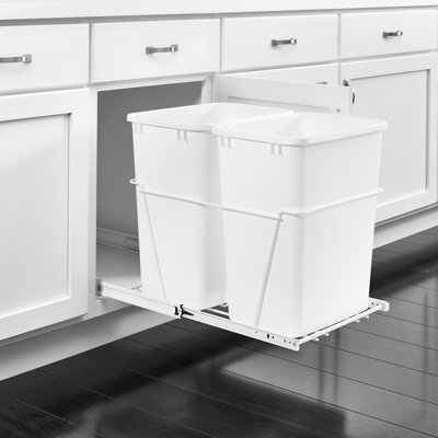 Rev-A-Shelf White Steel Pullout Trash Can with Double Waste Containers for Kitchen Base Cabinets