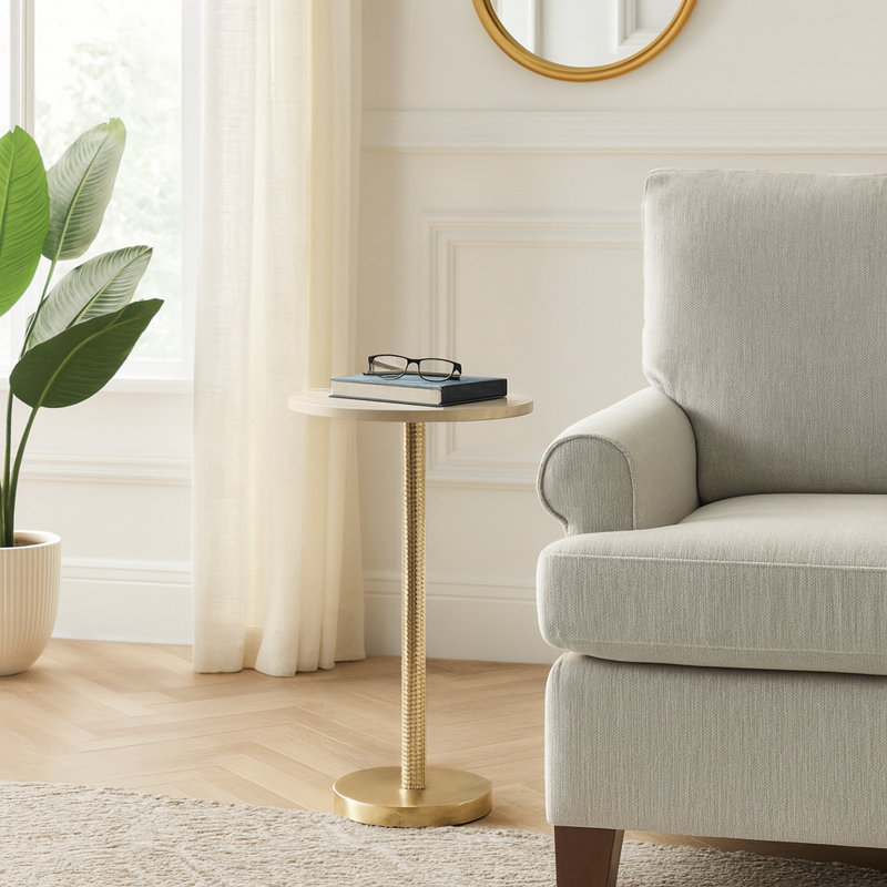 Elegant Metal Round Pedestal Drink Table with Stone Tabletop for Decorative Accents - Small Top End Table for Living Room or Kitchen Display - 25"