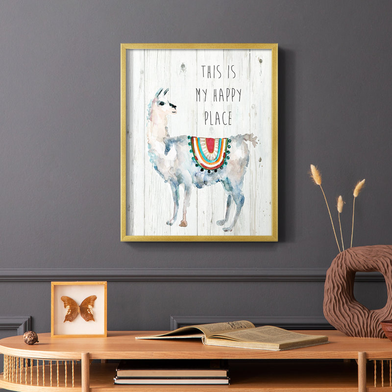 Llama Happy Place, reproduction encadrée - bois massif, Cadre doré simple, H 14 po x l 11 po