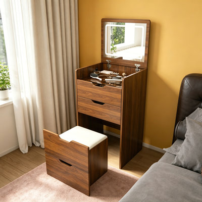 Bureau de coiffeuse 3-en-1 avec miroir éclairé et tabouret, coiffeuse à plateau rabattable, rangement compact pour la chambre à coucher, la salle de bain et le vestiaire