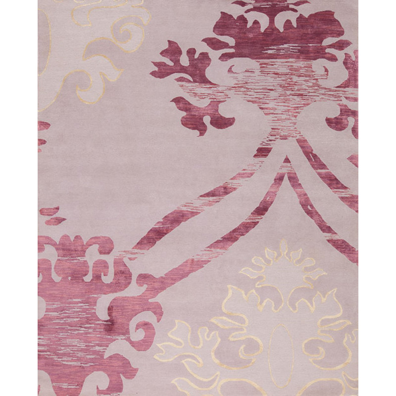 Modern Tibet III Hand Knotted Damask Area Rug in Raspberry, Rectangle 6' x 9'